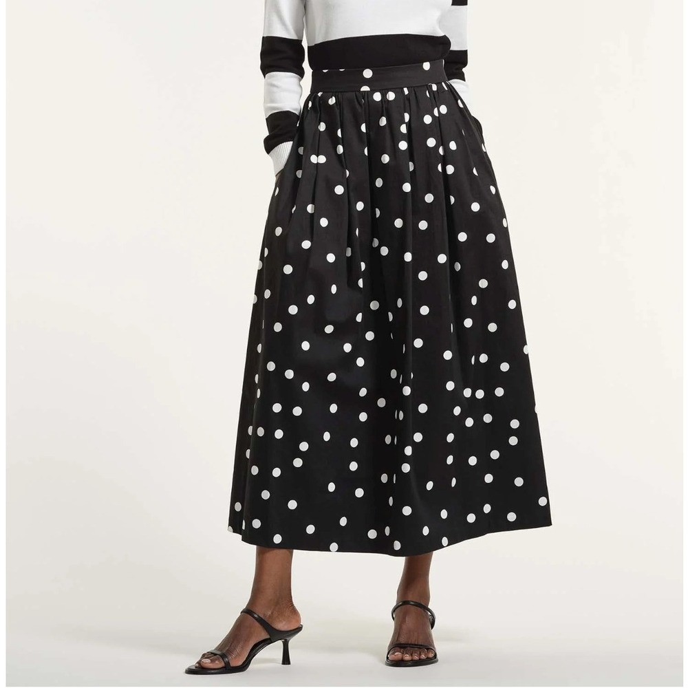 Isaac Mizrahi Live Black White Polka Dot Pleated Midi Skirt Womens Size 12